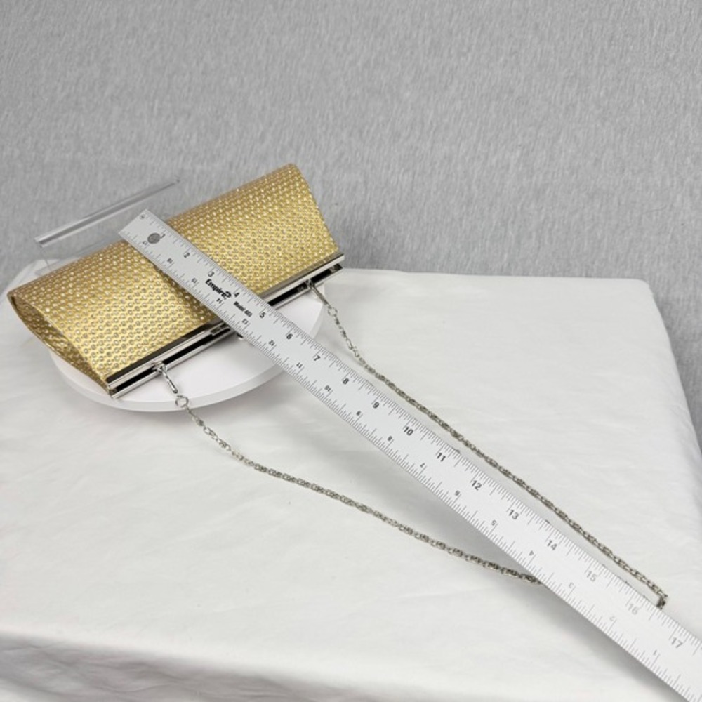Gold Rhinestone Evening Clutch Metallic Formal Wedding Purse with Chain Strap - Picture 10 of 11